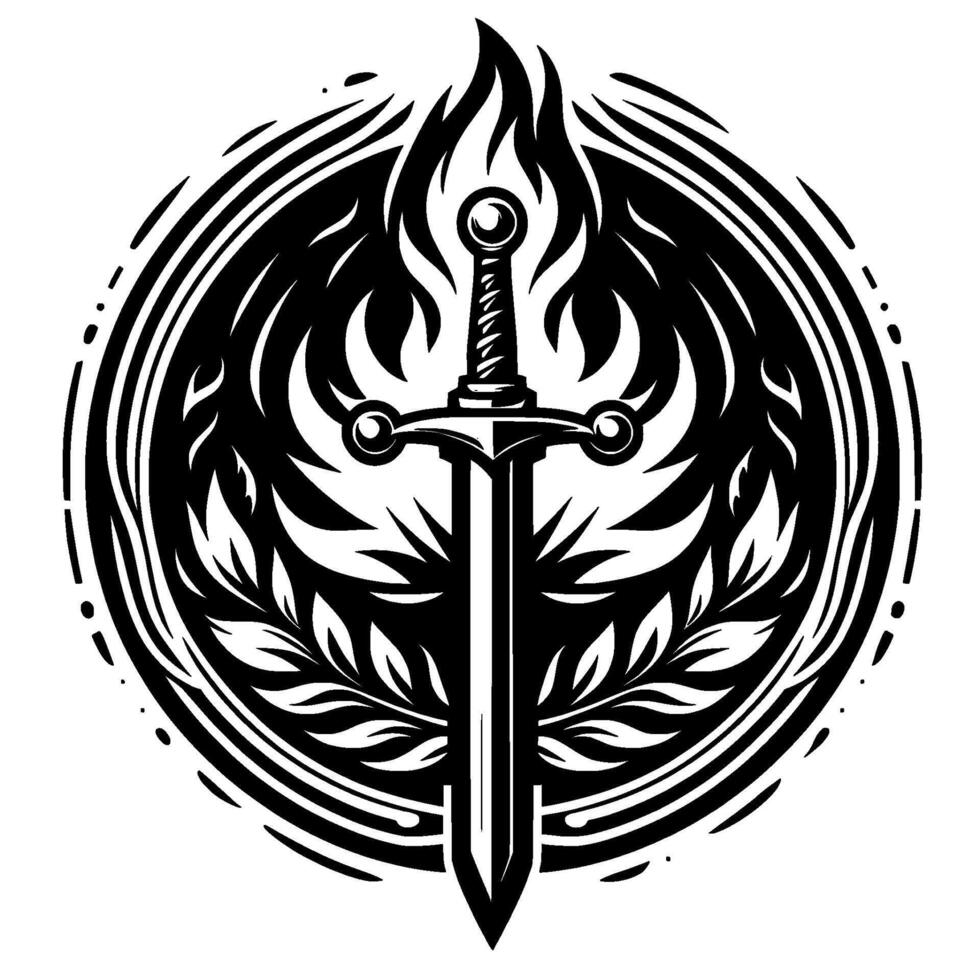 Sword in Flames Black White Emblem vector