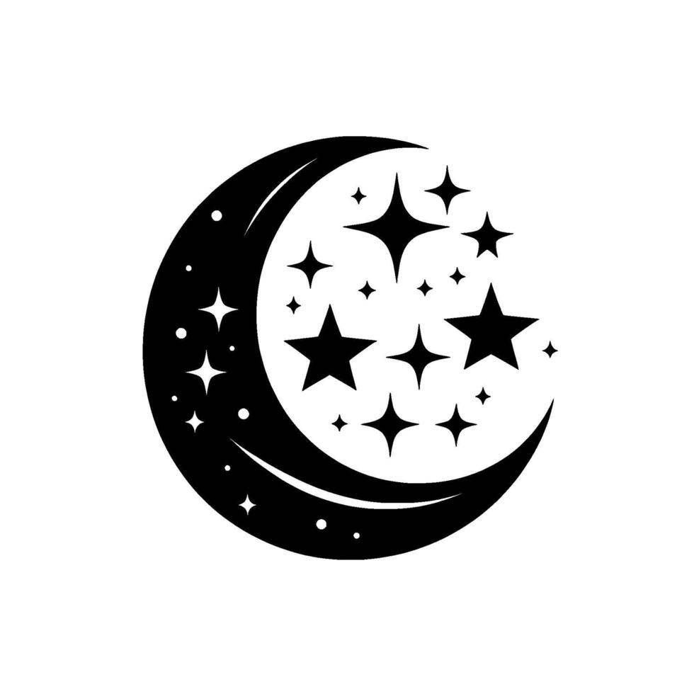 Crescent Moon Stars Illustration Minimalist Black White vector