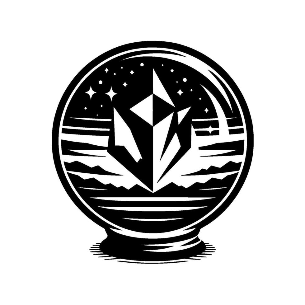Crystal Ball with Geometric Mountain Starry Sky, Monochromatic vector