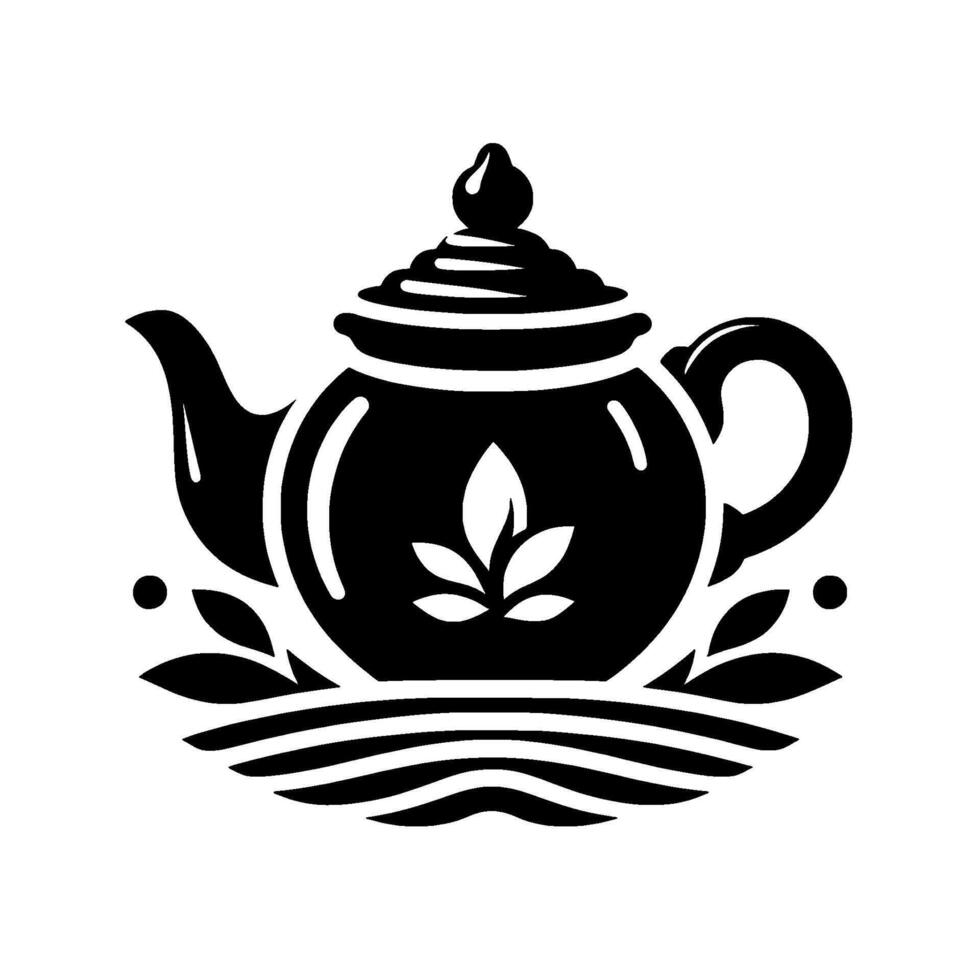 Elegant Black and White Teapot with Leaves, Minimalist vector