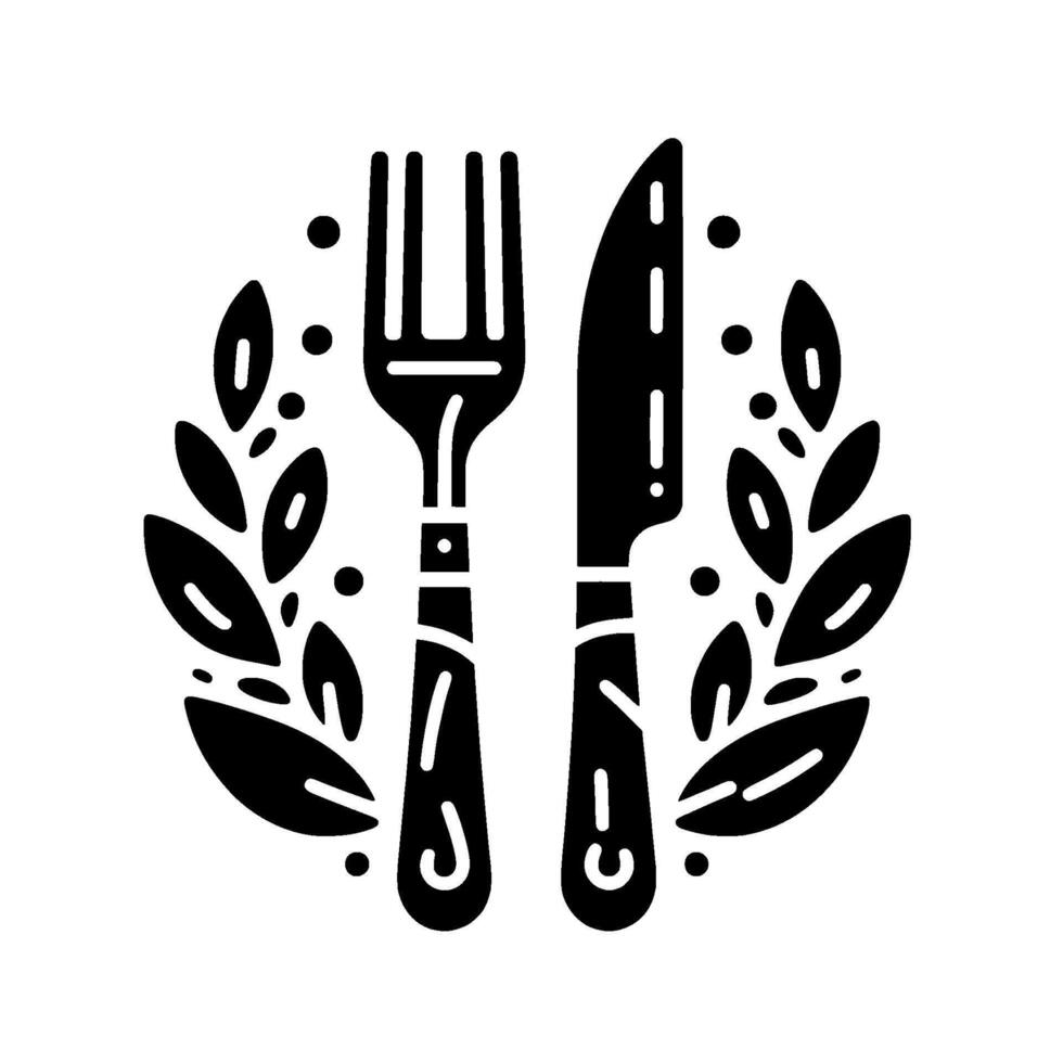 Simple Silhouette Food Illustration Fork, Knife, Laurel Wreath vector