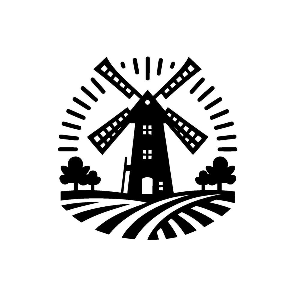 Farmhouse Windmill Minimalist Black White Silhouette vector