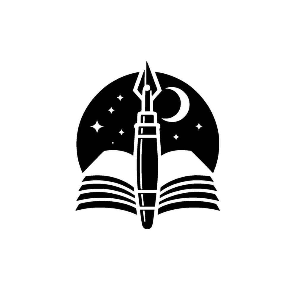 Nighttime Storytelling Book, Pen, Moon, and Stars Silhouette vector