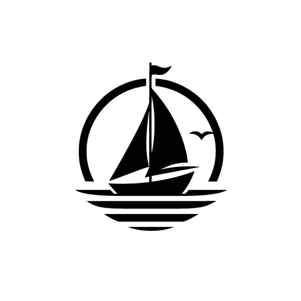 Minimalist Sailing Boat on Sea, Black White Illustration vector