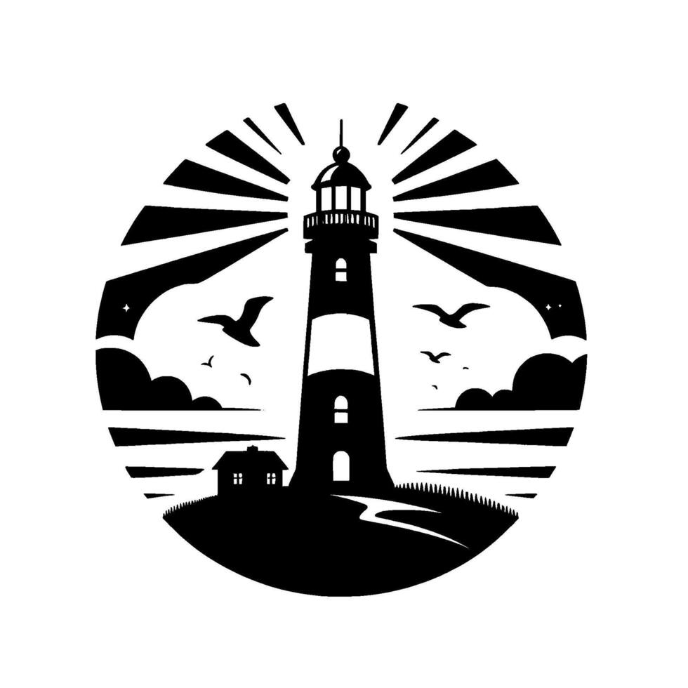 Coastal Lighthouse Black White Silhouette in Circle vector