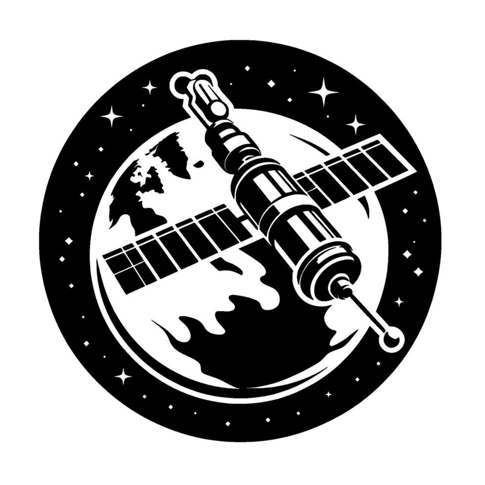 Retro Space Illustration Satellite Orbiting Earth Art vector