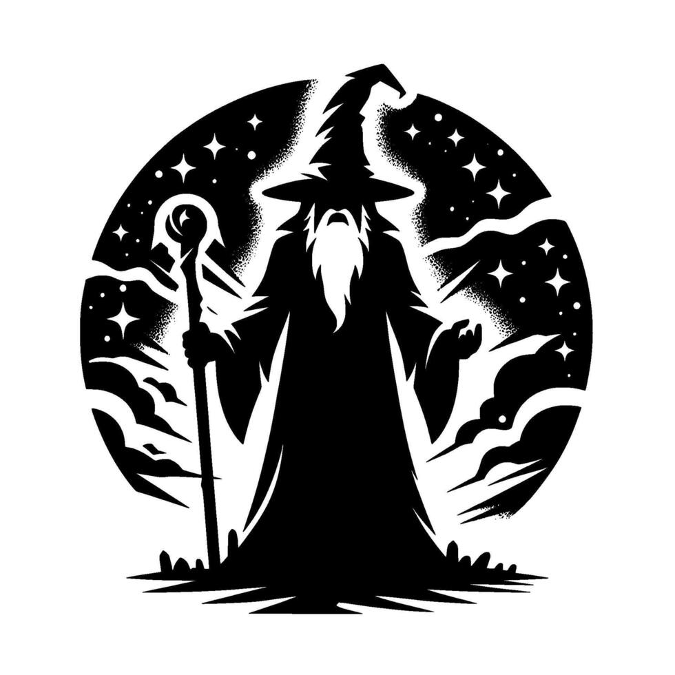 Silhouette Wizard with Staff in a Starry Night Circle vector