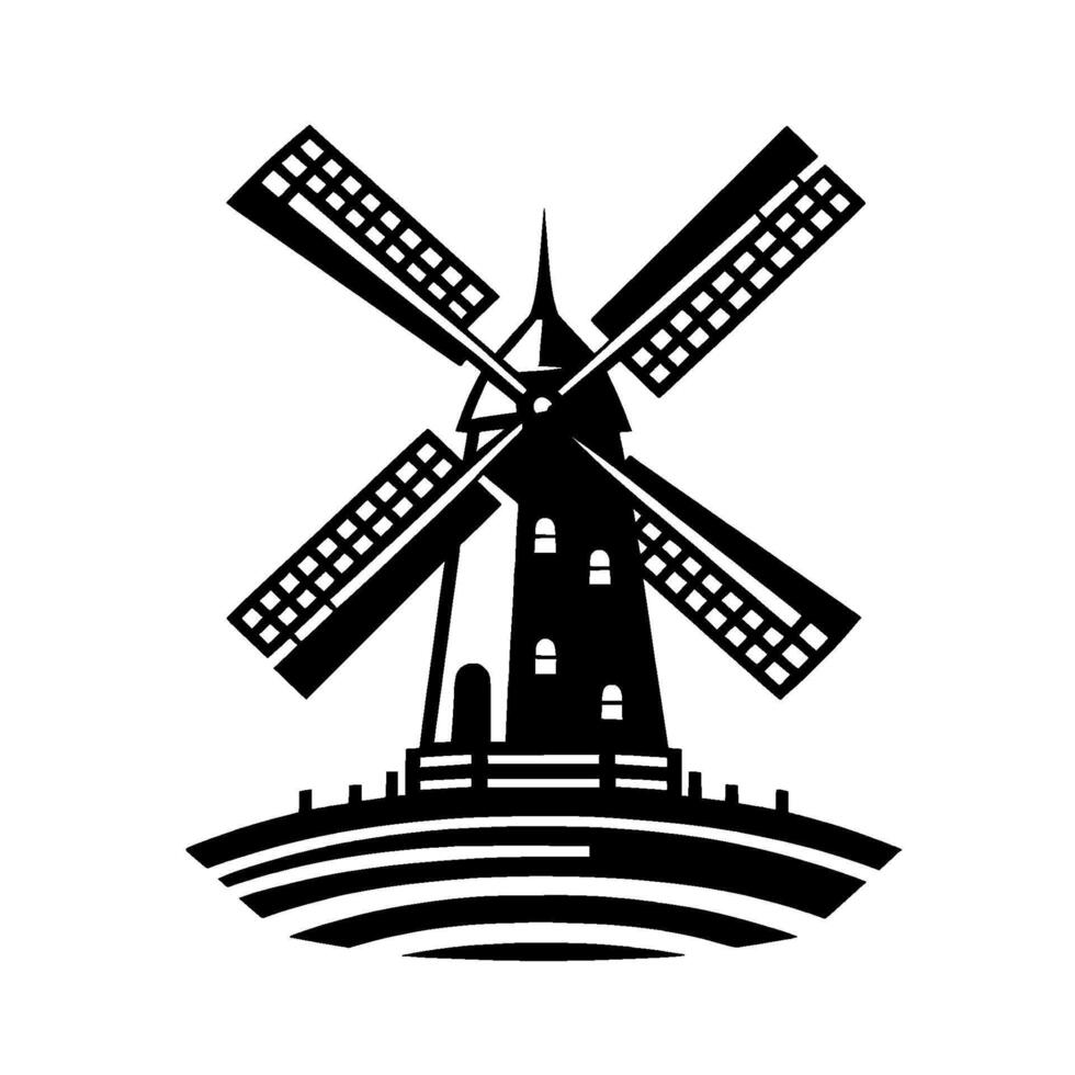 Black and White Windmill Silhouette Minimalist Dutch vector