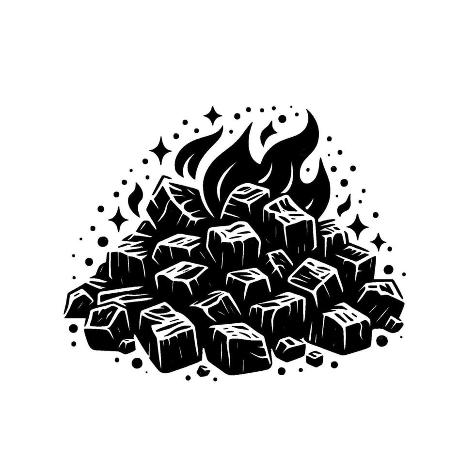 Burning Charcoal Briquettes Black White Illustration vector