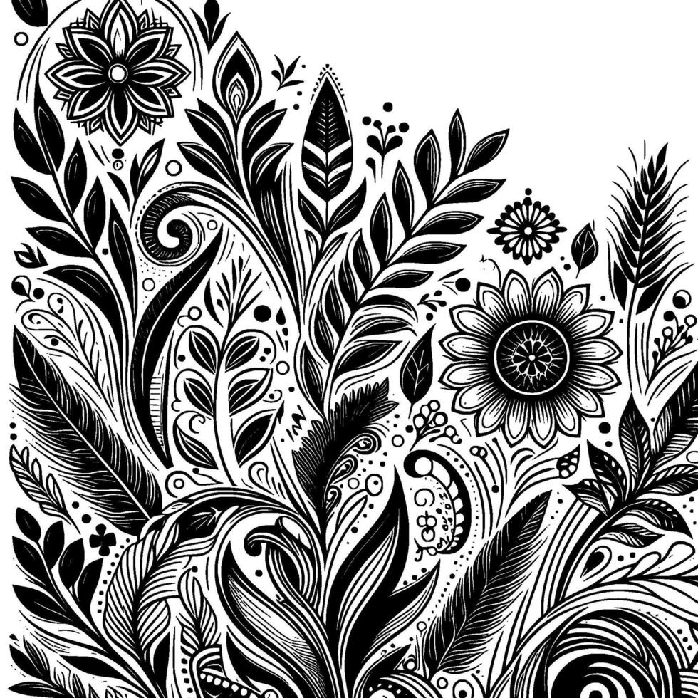 Elegant Black White Floral Pattern with Detailed Line Art vector
