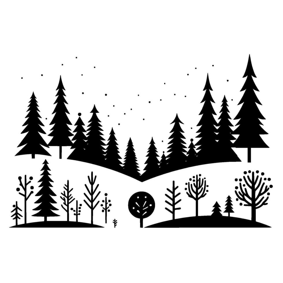 Stylized Black and White Forest Silhouette Winter Landscape Illustration vector