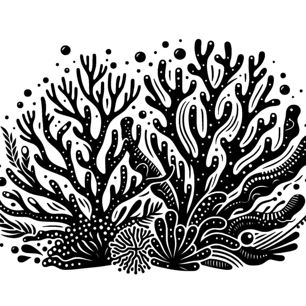 Intricate Black White Coral Reef Illustration, Decorative Art vector