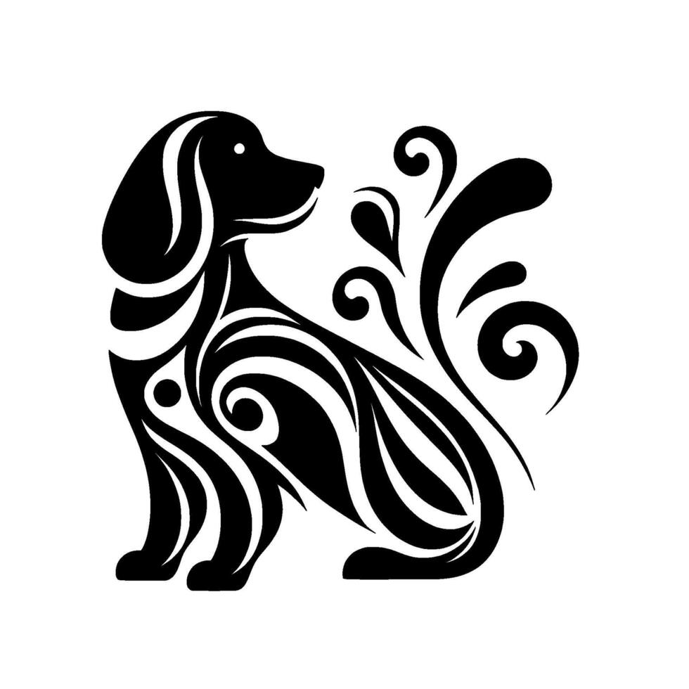 Elegant Silhouette Dog with Swirls, Black and White vector