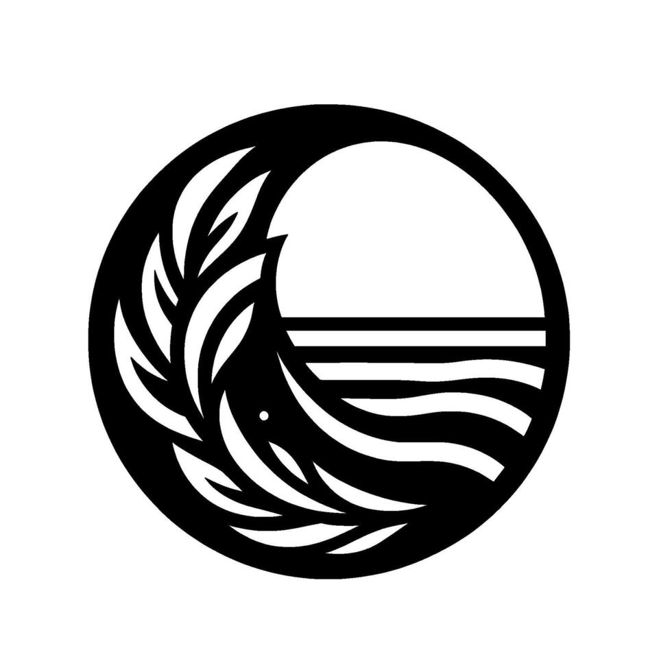 Minimalist Black and White Nature Leaf, Sun, Waves in Circle vector