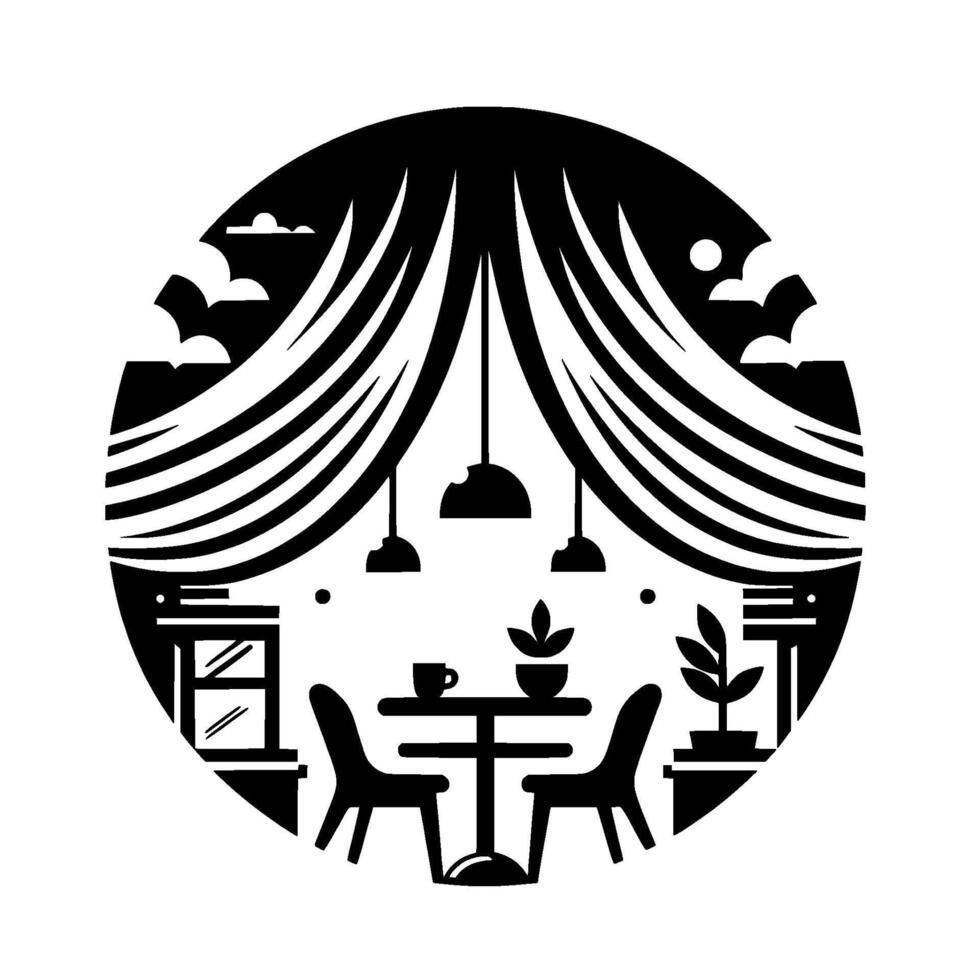 Black and White Cafe Scene in a Circle, Minimalist vector