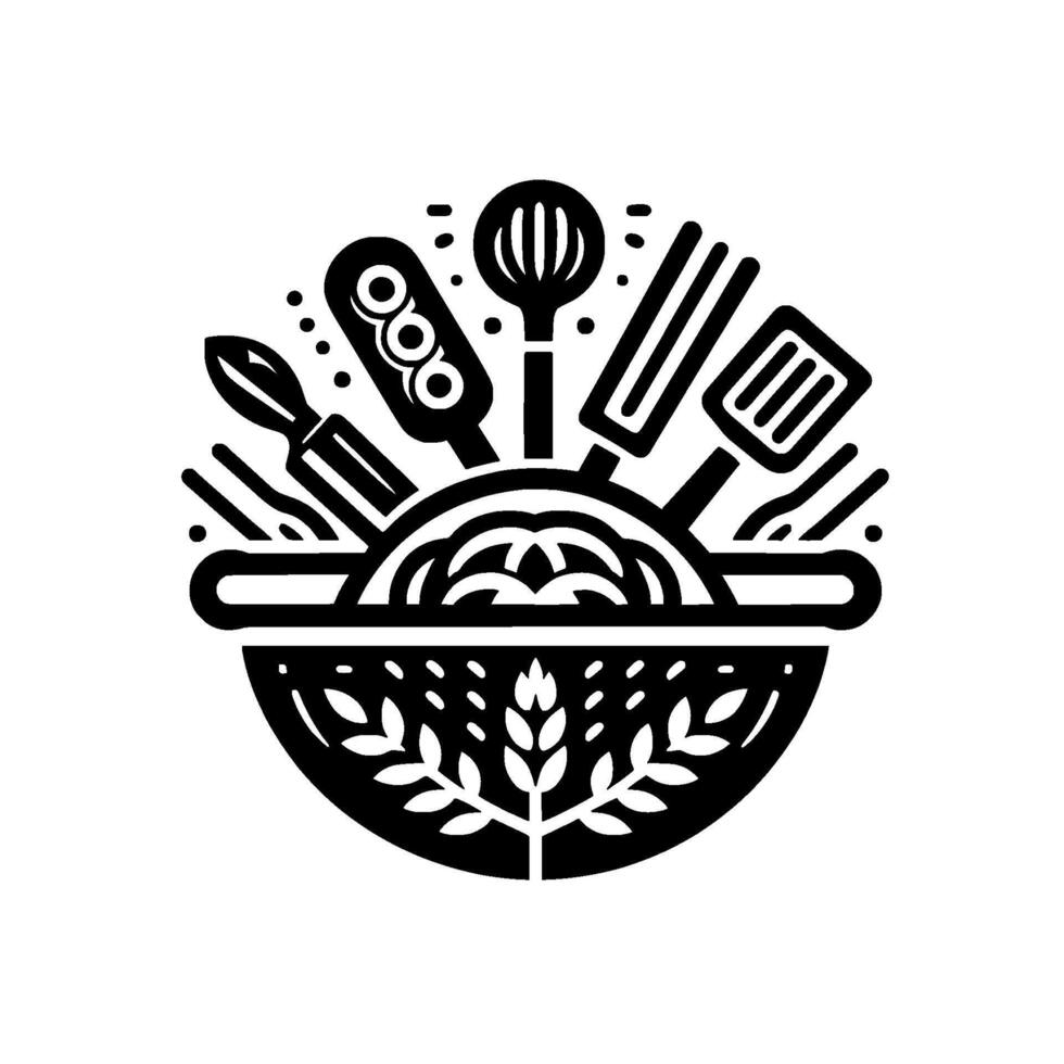Monochrome Pasta Bowl Utensils Minimalist Cooking Illustration vector