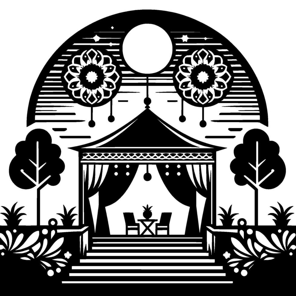 Serene Gazebo Silhouette Under Moonlight, Floral Decor vector