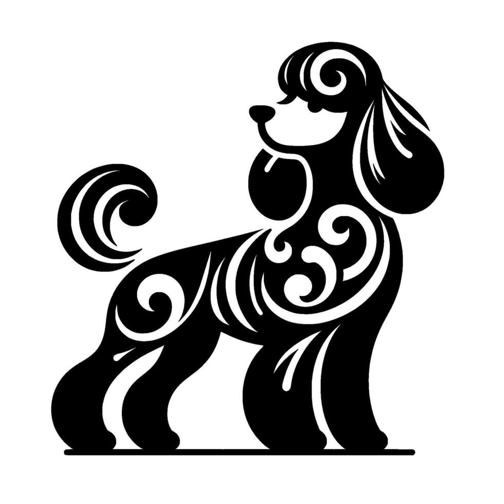 Elegant Black White Poodle Silhouette with Decorative Swirls vector