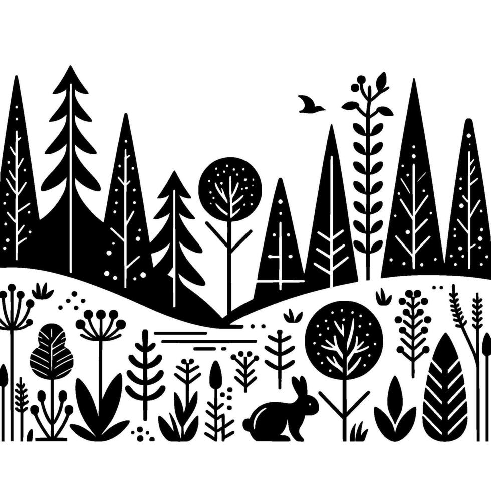 Black and White Forest Landscape Illustration with Rabbit and Bird vector