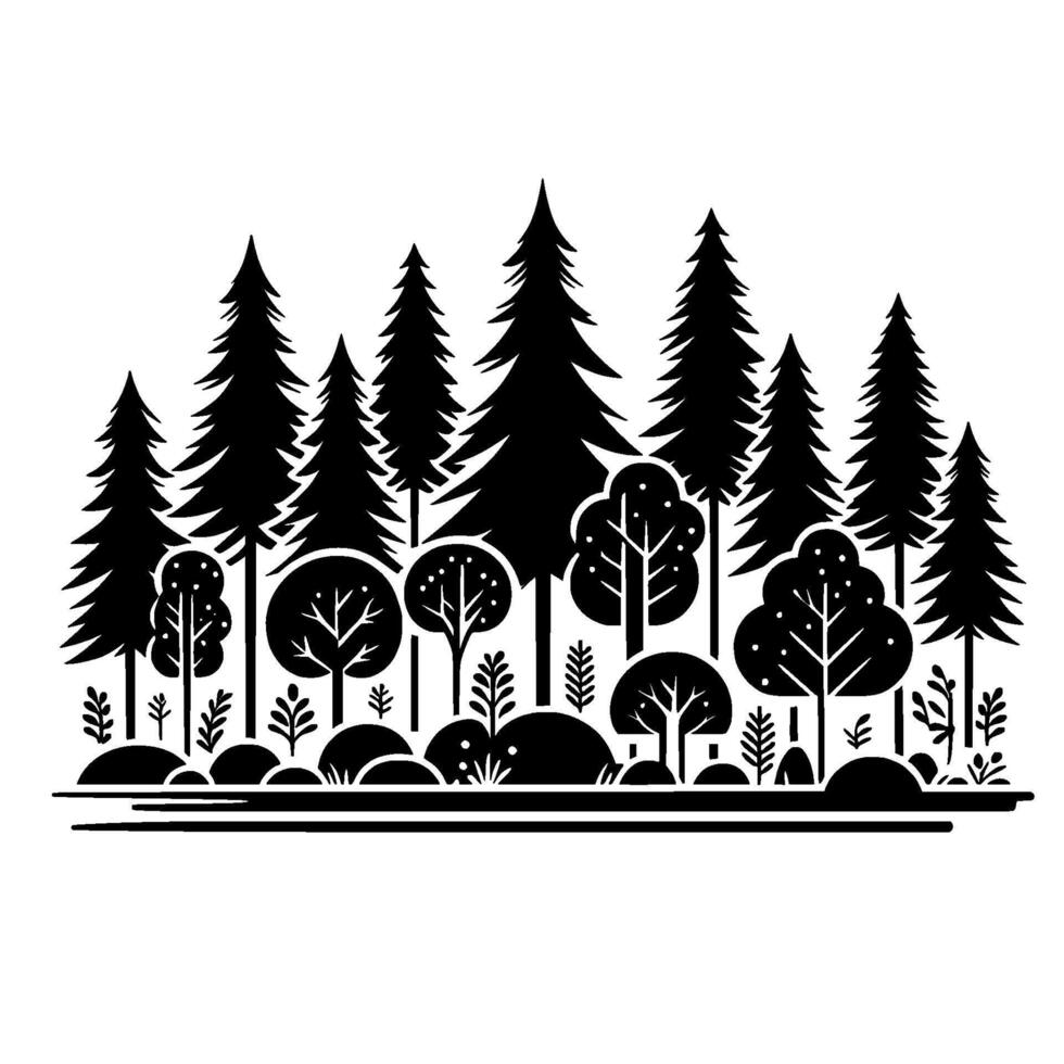 Black White Forest Silhouette Illustration of Trees vector