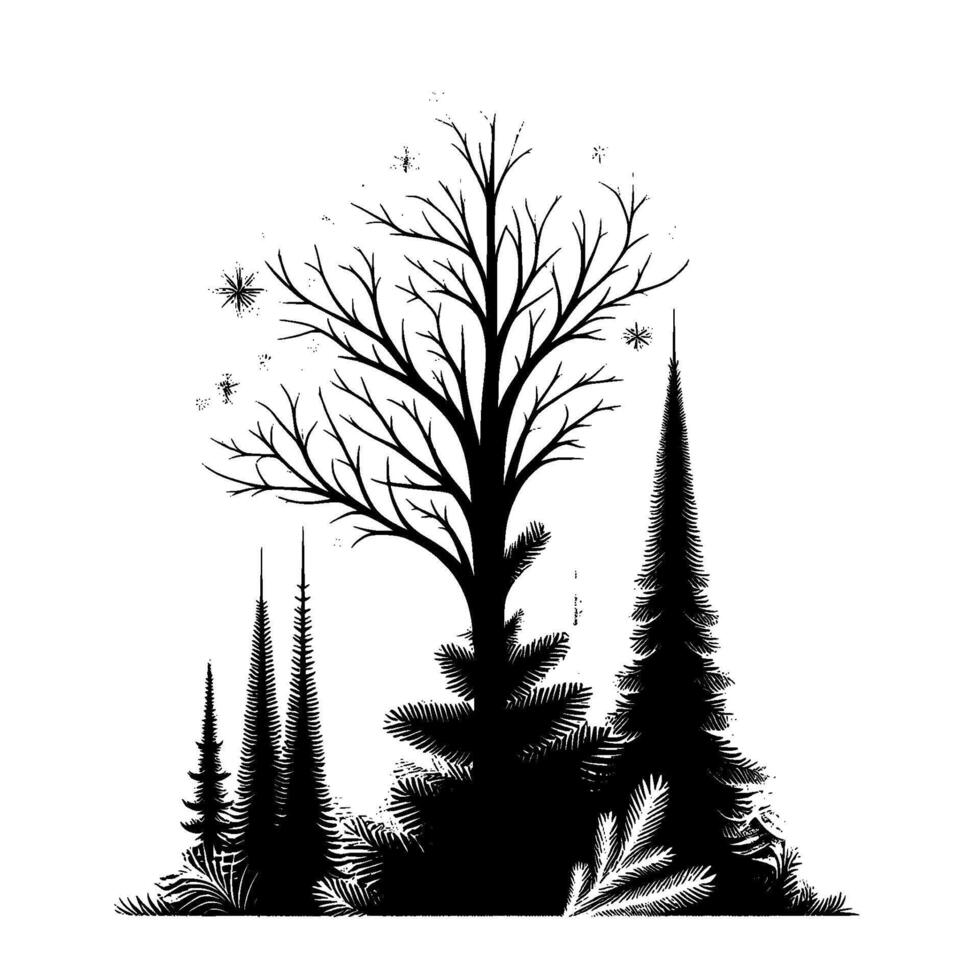Winter Forest Silhouette Black and White Minimalist Illustration vector
