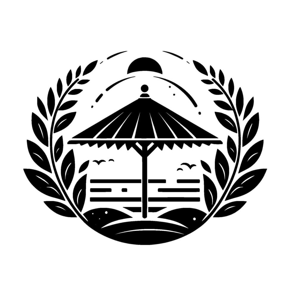 Beach Vacation Emblem Parasol, Laurel Wreath, Birds, Monochrome, Minimalist vector