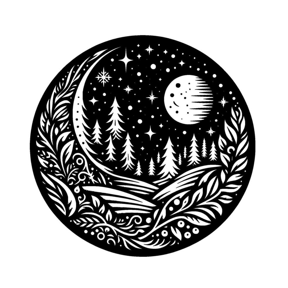 Celestial Nightscape Black White Round Nature Illustration vector