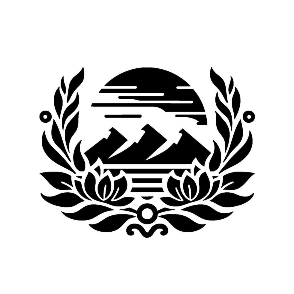 Elegant Crest Mountains, Lotus, Laurel Wreath Black White vector