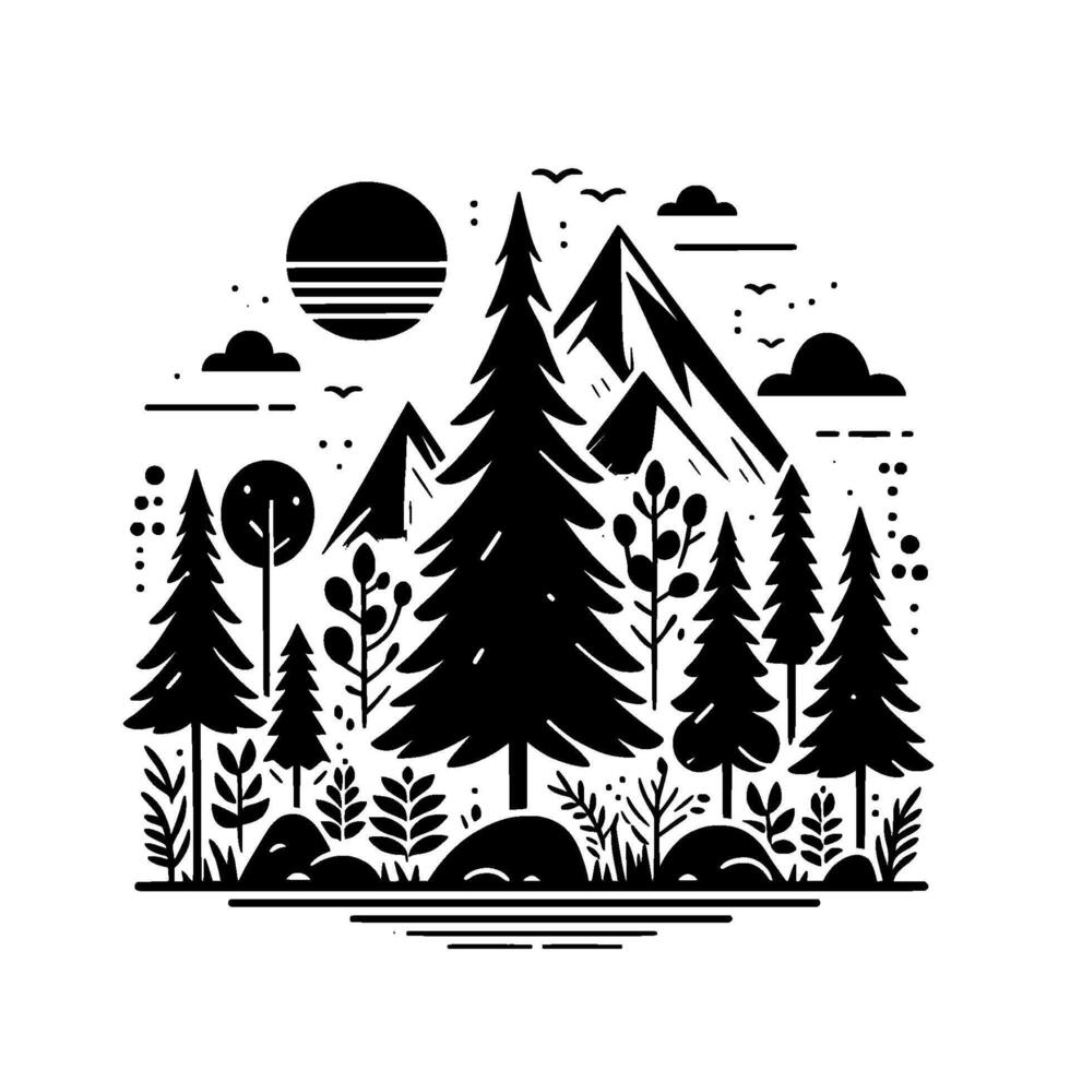 Minimalist Black and White Forest Scene Illustration vector