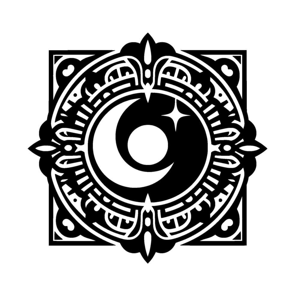 Ornate Crescent Moon and Star , Black and White Geometric vector