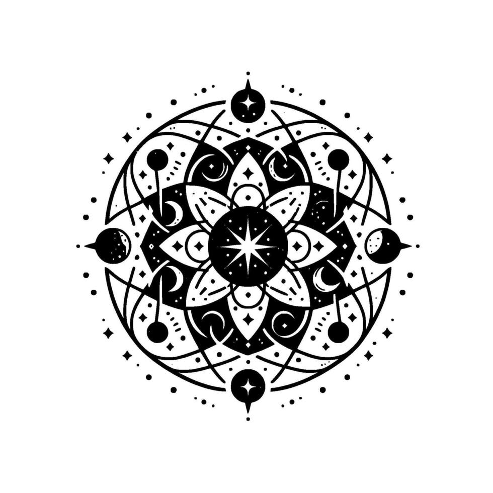Celestial Mandala Illustration, Black and White Geometric Pattern vector