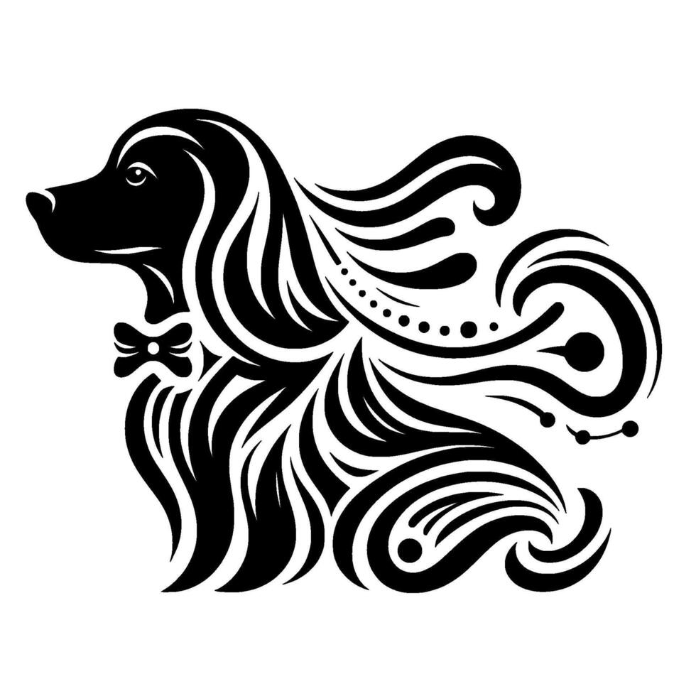 Elegant Dog Silhouette with Swirls and Bowtie, vector