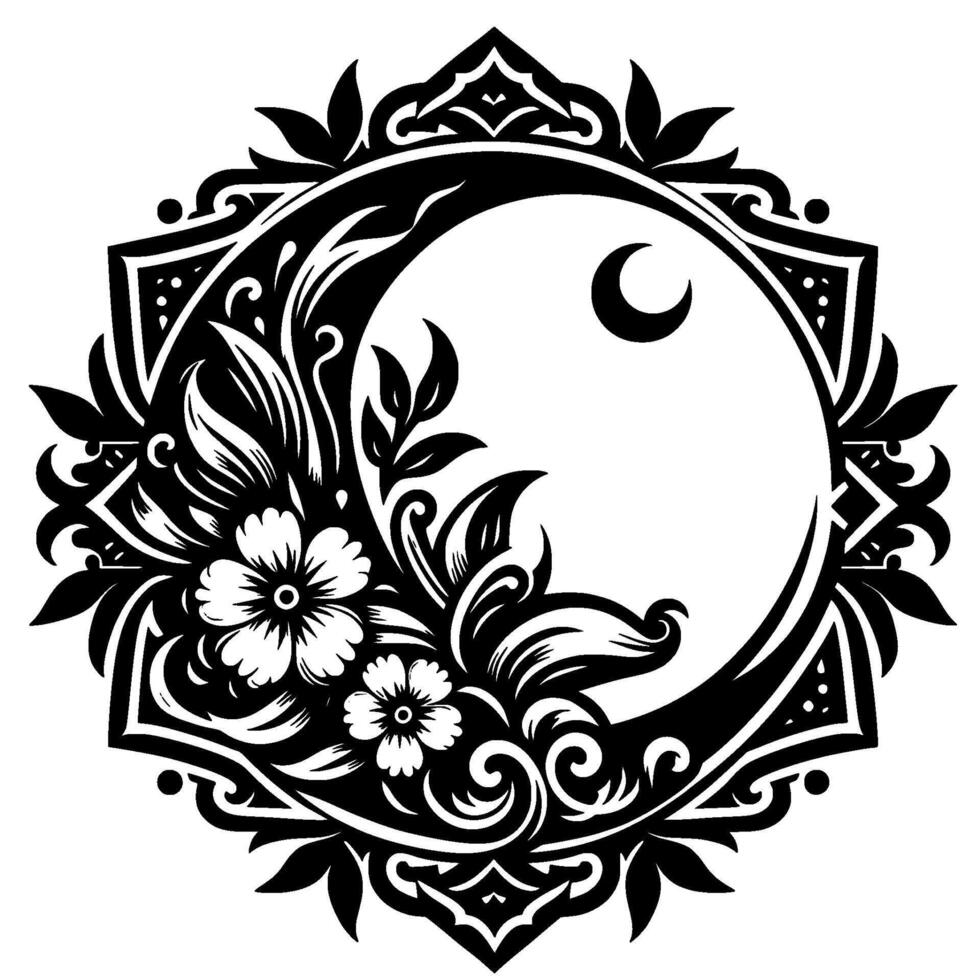 Ornate Floral Moon Mandala Black and White Illustration vector