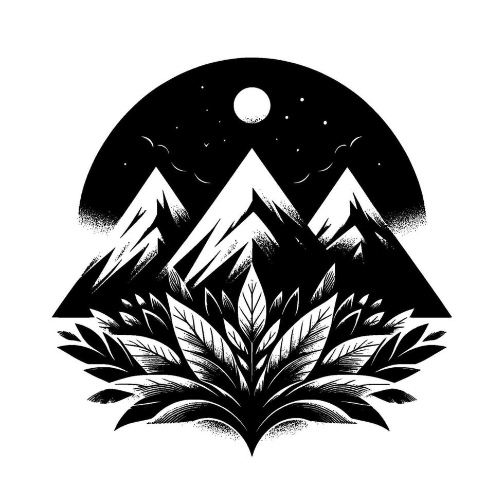 Nightscape Mountains with Foliage Monochrome Illustration vector