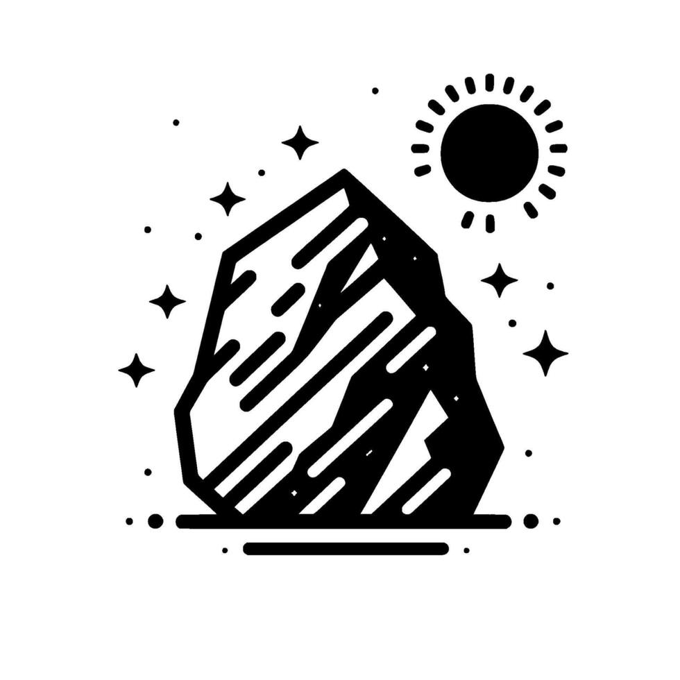 Mountain Peak with Sun and Stars, Minimalist Black and White vector