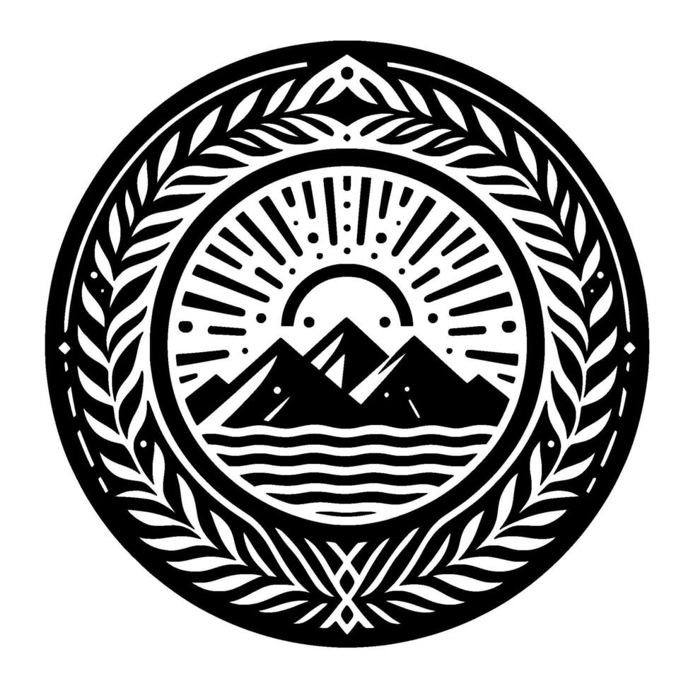 Mountain Sunrise Emblem Circular Black and White Illustration vector