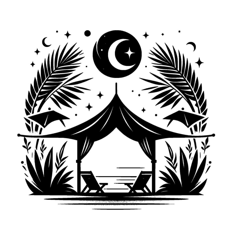 Tranquil Beach Night Silhouette Scene, Moon, Stars, Tent vector