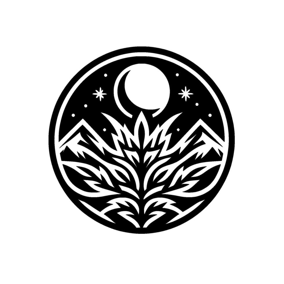 Minimalist Mountain Moon Nature Emblem, Black White Circle vector
