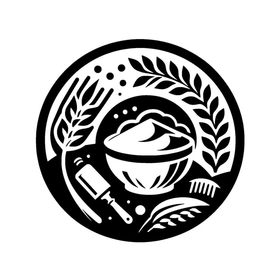Black and White Bakery Emblem Flour, Wheat, and Baking Tools vector