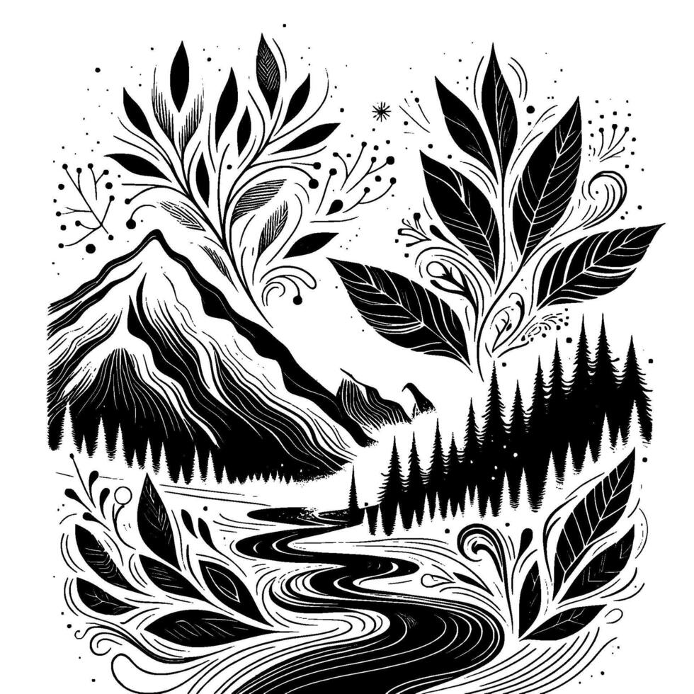 Black White Nature Illustration Mountains, River, and Foliage vector