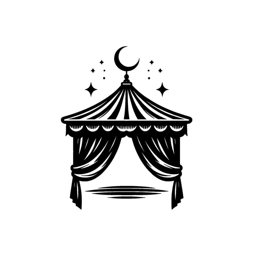 Black White Ramadan Tent Crescent Moon, Stars, Celebration vector