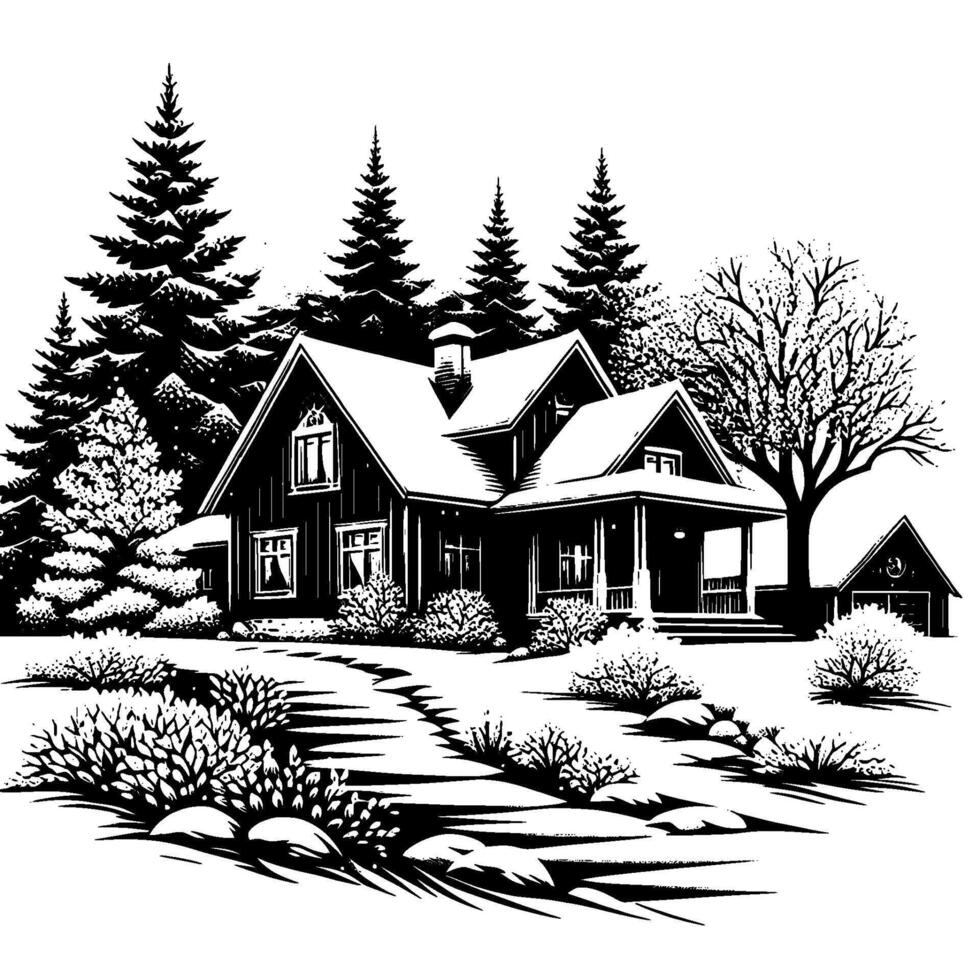 Winter Cabin Illustration SnowCovered Lodge in Black and White vector