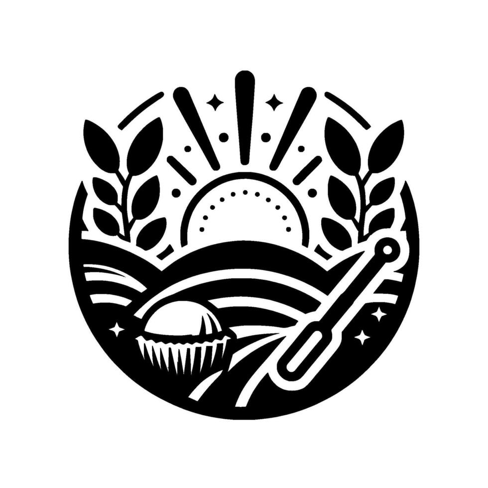Bakery Emblem Sun, Wheat, Muffin, and Spatula in a Round Badge vector