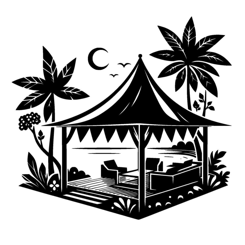 Tropical Escape Black and White Gazebo Silhouette vector