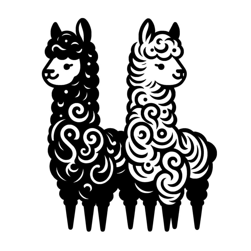 Playful Llama Duo Black and White Swirls Illustration vector