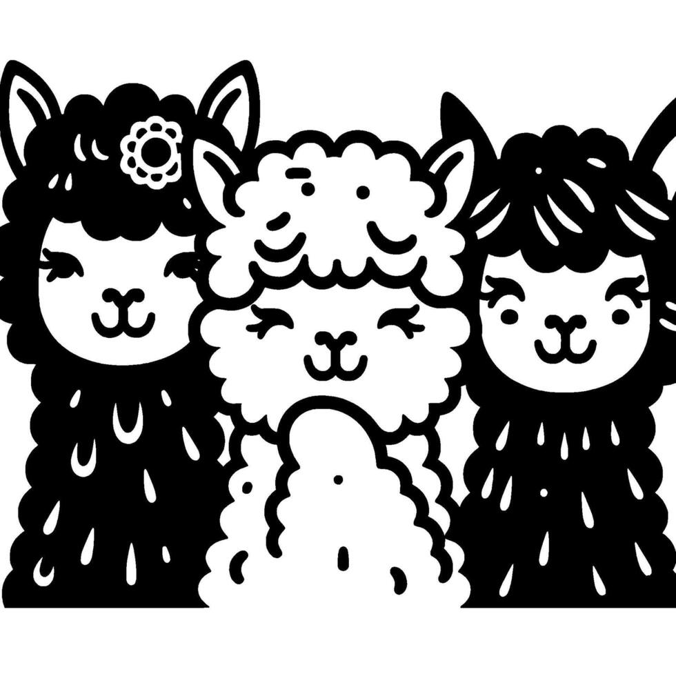Cute Llama Trio Black and White Cartoon Illustration vector