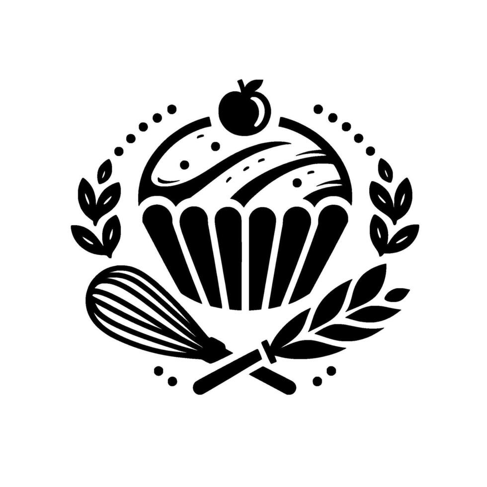 Minimalist Bakery Cupcake, Whisk, Wheat, Laurel Wreath Black White vector