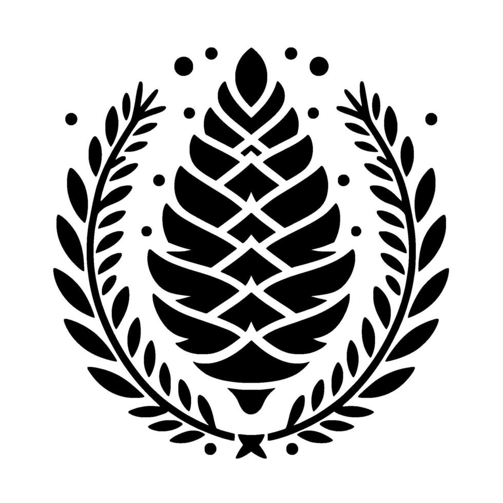 Stylized Pinecone and Laurel Wreath Emblem in Black and White vector