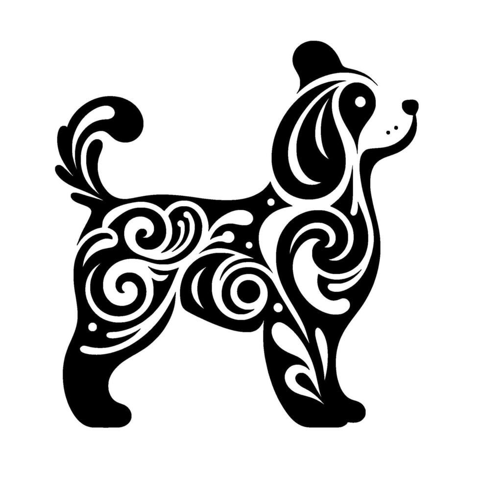Elegant Black White Dog Silhouette with Swirl Pattern vector