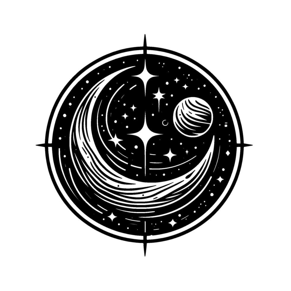Celestial Emblem Crescent Moon, Stars, and Planet in a Black White Circle vector